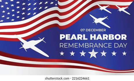 Pearl Harbor Remembrance Day background with us waving flag and three planes