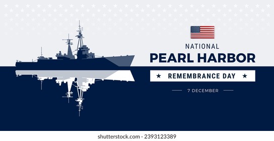 Antecedentes del Día de Recuerdo de Pearl Harbor con un poderoso buque de guerra, letras del Día de Pearl Harbor y la bandera de los Estados Unidos - vectores Ilustración