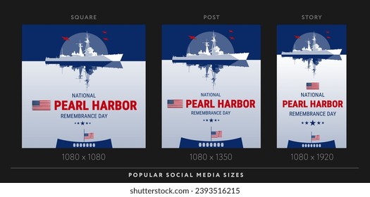 Plantilla de antecedentes del Día de Recuerdo de Pearl Harbor para medios sociales - ilustración vectorial del ataque a Pearl Harbor y el Día de Pearl Harbor con letras en tamaños cuadrado y vertical para web e impresión