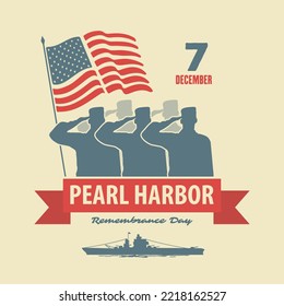 Pearl Harbor Remembrance Day poster template. US Army soldier saluting against USA Flag. Vector illustration