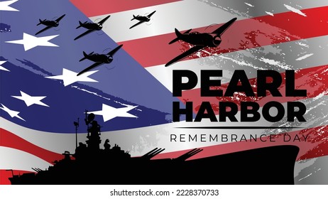 Pearl harbor remembrance day vector illustration with battleship and fighter silhouette