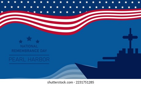 Pearl harbor remembrance day vector illustration with battleship silhouette and usa waving flag.