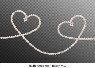 Pearl heart for invitation. Vector hearts isolated on white background. Necklace pearls. Precious jewelry beads. Hanging heart. Silver string. Necklaces shape two hearts. Romantic concept, symbol love