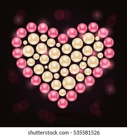 Pearl Heart on Dark Red Background. Vector Valentine Day Card