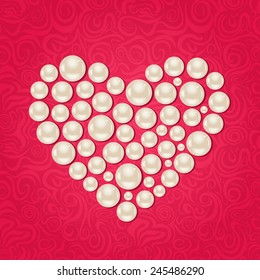 Pearl Heart on Pink Swirl Background. Vector Valentine Day Card