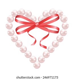 Pearl heart with red bow isolated on white