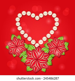 Pearl Heart with Red Flowers. Valentine Day Card