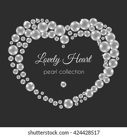 Pearl heart. Vector frame in heart shape. White pearls design with sparkles. Decorative wedding frame.