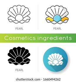 Pearl icon. Open seashell. Brightening effect. Component to prevent aging. Expensive oyster. Ocean scallop. Luxury product. Linear black and RGB color styles. Isolated vector illustrations