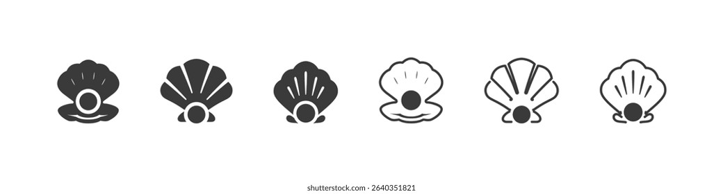 Pearl inside shell icons in flat and outline vector styles. Jewelry and sea treasure symbol set set.