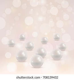 Pearl jewelry beads on blurry bokeh background. Vector illustration.