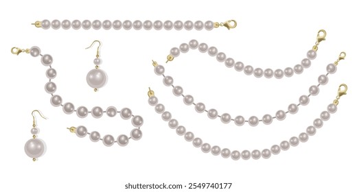 Pearl Jewelry set clip Art. Fundo pérola mar com pérolas brancas pequenas e grandes no formato Vetor branco