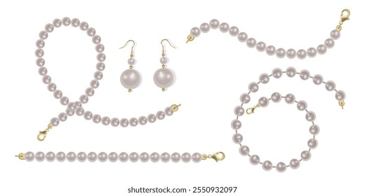 Pearl Jewelry set clip Art Strand of Pearls Necklace with Gold Clasp on White