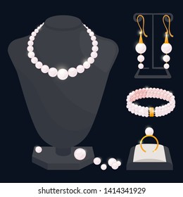 Pearl jewerly vector collection - necklace, earrings, ring and bracelet. Jewelry necklace, ring and earrings, bracelet from pearls illustration