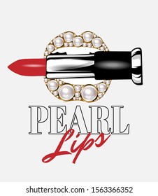 Pearl lips. Vector hand drawn illustration of mouth biting red pomade isolated. Creative artwork. Template for card, poster. banner, print for t-shirt, pin, badge, patch.