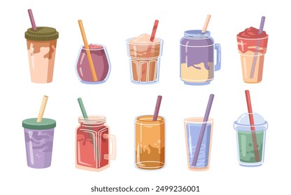 Pearl milk or bubble tea in cups with straws. Vector isolated set of boba delicious beverage with tapioca balls and toppings. Different flavors of cocktail or beverages to go, takeaway order