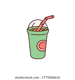 Pearl milk bubble tea in plastic container with straw and lid, cartoon vector sketch illustration isolated on white background. Ice summer drink or sweet cocktail.