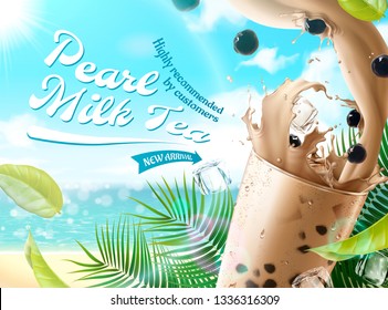 Pearl milk tea ads on bokeh summer beach background in 3d illustration