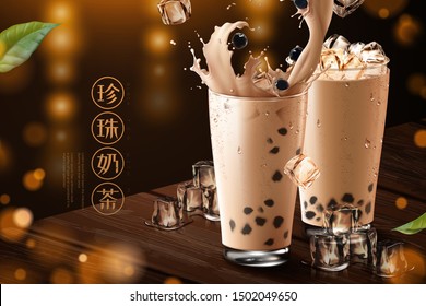 Pearl milk tea ads with splashing milk tea, tapioca and ice cubes in 3d illustration on wooden table