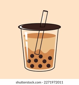 Pearl milk tea isolated on a blue background. black pearls is Taiwanese famous and popular drink cup. illustration banner flat design.