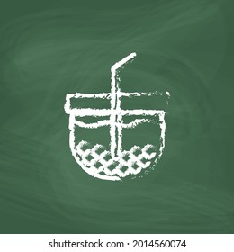Pearl Milk Tea line Icon design, white chalk. Draw a picture on the blackboard.