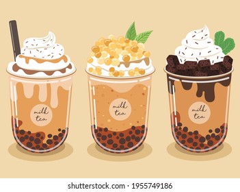 Pearl milk tea set Contains chocolate brownies and whipped cream Topped with caramel sauce On a pastel background.