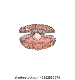 Pearl and mollusk inside of nacre seashell, colored sketch vector illustration isolated on white background. Hand drawn retro marine life element, oyster and gem ball with engraving.