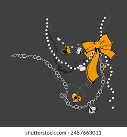 Pearl necklace decorated with bow yellow accessories, Graphic design print t-shirts fashion, illustration, vector, posters, cards, stickers, mug