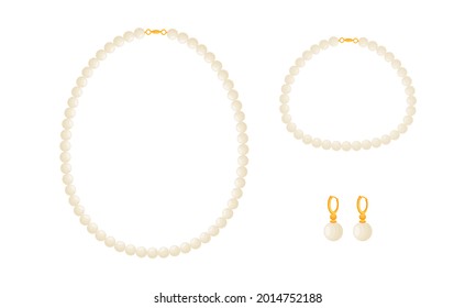 Pearl Necklace and Earrings as Jewellery or Jewelry Item and Personal Adornment Vector Set