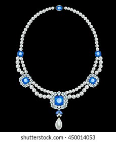 Pearl necklace with inserts made of sapphires and diamonds