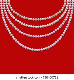 Pearl necklace isolated on red background. Abstract pearl garlands, beads. Set for celebratory design, Christmas decorations, wedding, Valentine's Day, Mother's Day, Easter, jewelry background. Vector