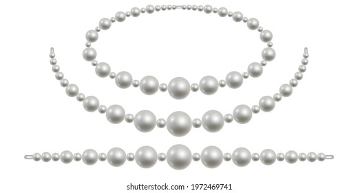 Pearl necklace isolated. White pearl beads for jewelry design. Precious nacre gemstones. Vector illustration