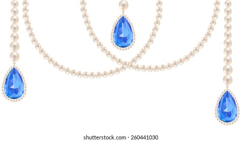 Pearl necklace jewelry with sapphire pendants isolated on white