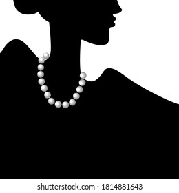 Pearl necklace on woman's neck. Silhouette of young woman. Vector illustration