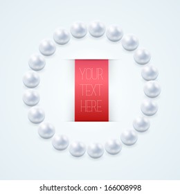 Pearl necklace with red label on light background. Vector Illustration.