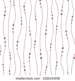 Pearl necklace. Seamless pattern. Chains of pink pearls forming an ornament. Realistic strands of pink pearls, decorative element for cards, wedding invitations. Threads of pearls. White background