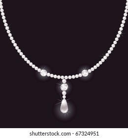 Pearl necklace with a shiny coulomb in form of drop isolated on a black background