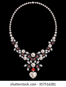 Pearl necklace with silver leaves and rubies