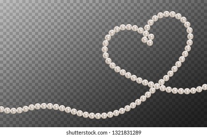 Pearl necklace. Thread of pearls. Shiny oyster pearls for luxury accessories. Realistic white pearls isolated on background. Beautiful natural heart shaped jewelry. Chains of pearls forming an ornament