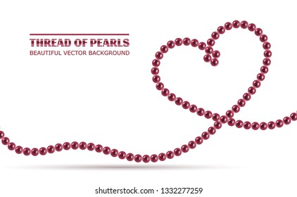 Pearl necklace. Thread of pearls. Shiny oyster pearls for luxury accessories. Realistic pearls isolated on background. Beautiful natural heart shaped jewelry. Chains of pearls forming an ornament