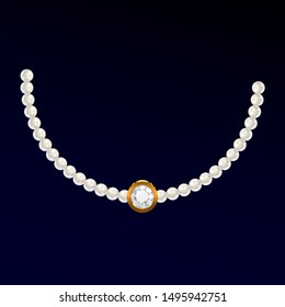 Pearl Necklace Vector With Gold And Diamond At Middle