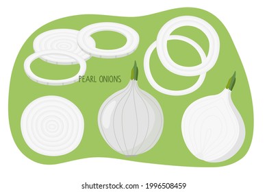 Pearl onions isolated. Whole bulb, half, chopped rings. Vegetable Ingredients for cooking. Flat design for menu, cafe, restaurant, farmers market, vegetarian recipe. Vegetable Ingredients for cooking