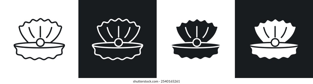 Pérola no conjunto de ícones abertos shell. Símbolos vetoriais em cores pretas e brancas.