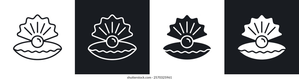 Pearl in the open shell icons vectors set in black. line and flat versions