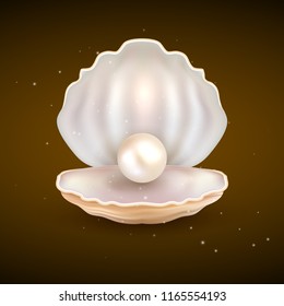 Pearl open shell realistic illustration. Natural beautiful single pearl sea jewelry.