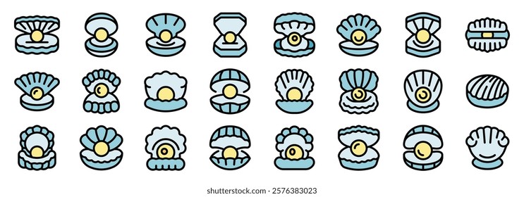 Pearl oyster shells open and closed with precious gemstone inside, vector illustration set in thin line style