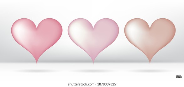 Pearl pink hearts 3D vector collection isolated on white background.Symbol of Love and Valentine's Day.Heart  shape icon illustration vector for design card.Light gold hearts.