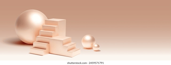 Pearl pink stair podium and balls on light beige background. Vector realistic illustration of luxury product display with geometric design elements, beauty cosmetic presentation, showroom interior