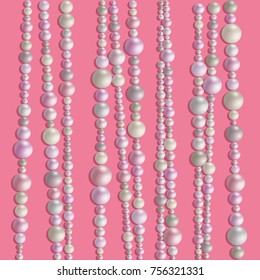 Pearl realistic borders isolated on pink background with shadows. Vertical lines. Vector illustration. Pattern with pink, silver, white and lilac pearls. Jewelry background, texture