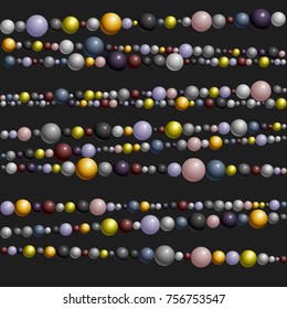 Pearl realistic borders isolated on grey background. Horizontal lines. Vector illustration, 3d style. Seamless pattern with pearls of different color. Jewelry background, texture.